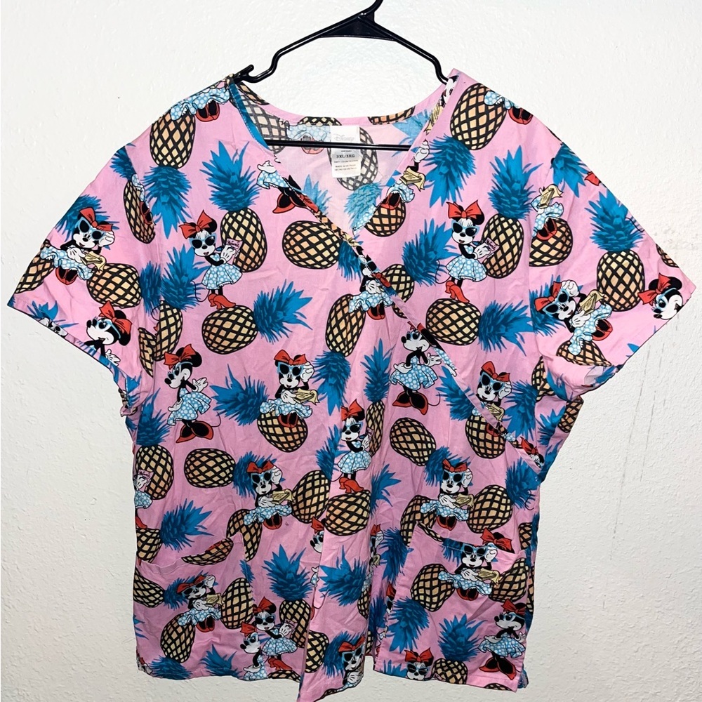 Disney Minnie Mouse Pink Scrub Top Women’s All-Over Print Pineapple Size 3XL EUC